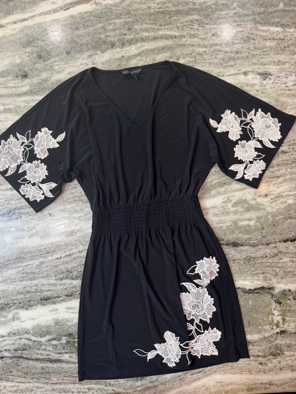 White House Black Market Black Mini Dress with White Floral Appliqué